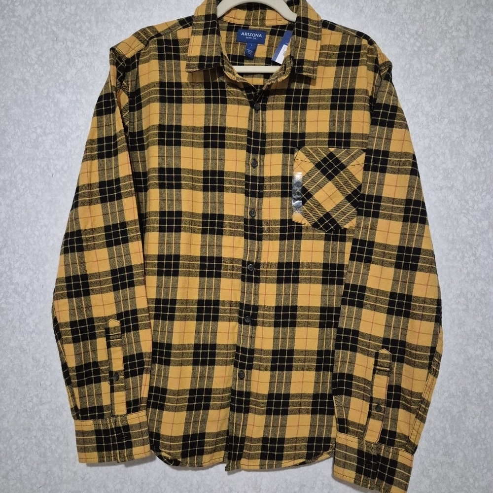 NWT Arizona Jean Company Men's Mustard and Black Checkered Shirt..SIZE:L